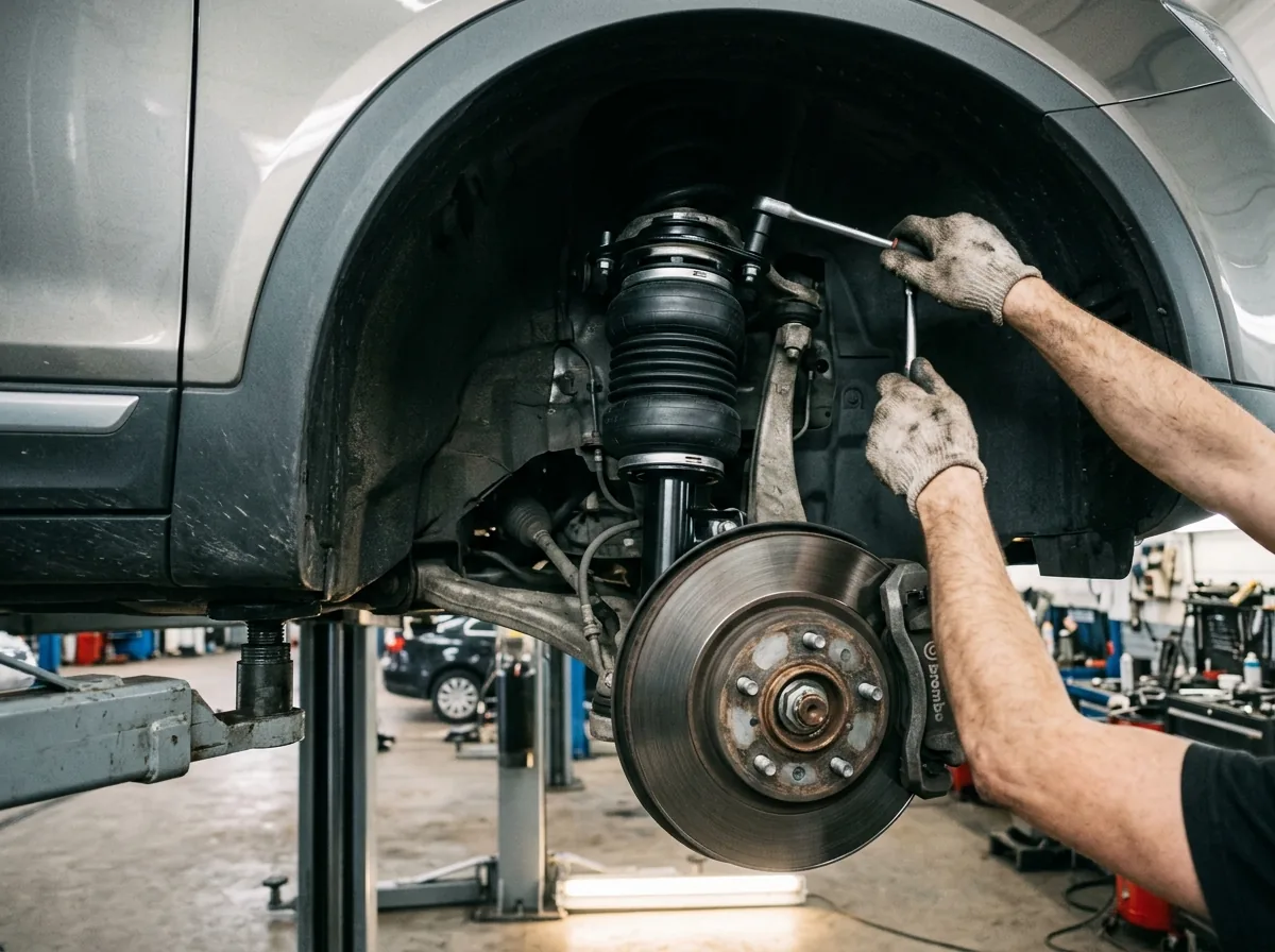 Air suspension strut and air bag being fitted into a front wheel arch in Canton, NC