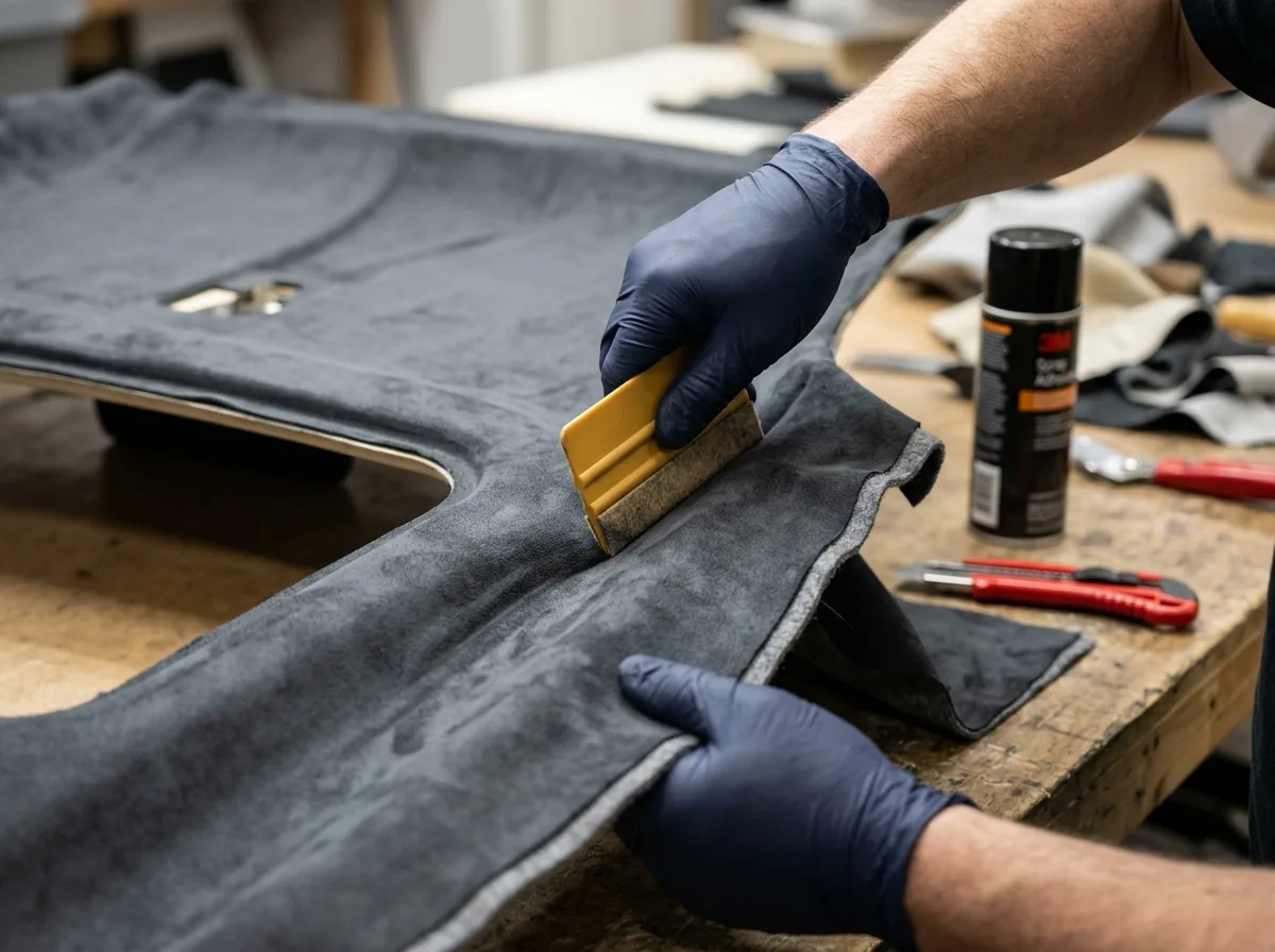 Alcantara suede being laid and worked onto a headliner board in Canton, NC