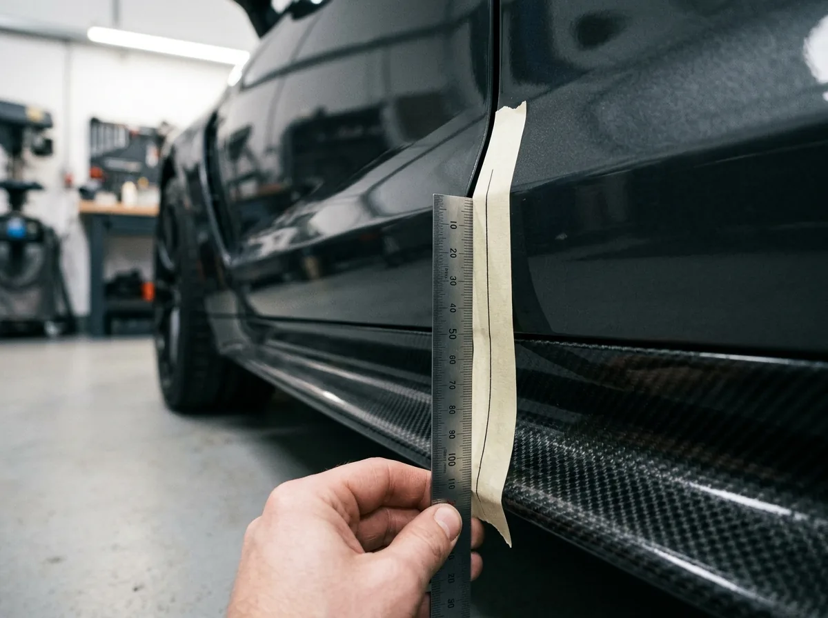 Panel gap along a carbon fiber side skirt being checked against the sill in Canton, NC
