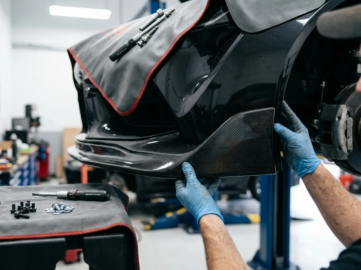 Carbon fiber splitter being dry-fitted to a car bumper in Canton, NC
