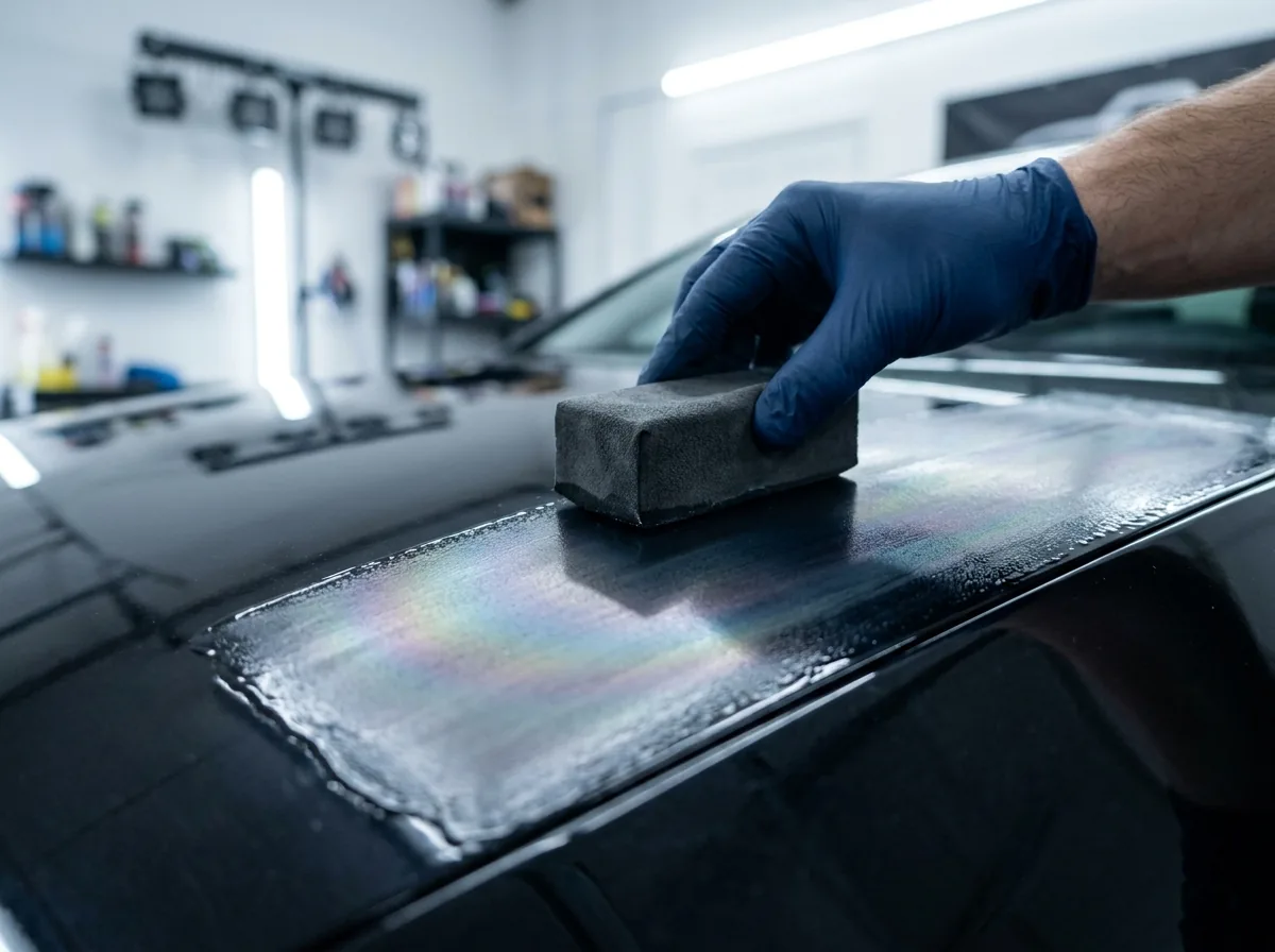 Ceramic coating being laid onto a black hood by hand in a dust-controlled bay in Canton, NC
