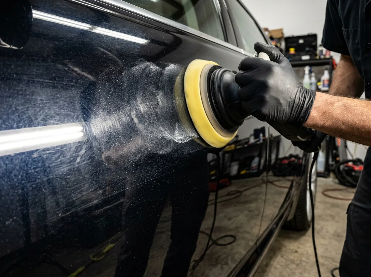 Machine polishing swirl marks out of a dark car door before ceramic coating in Canton, NC