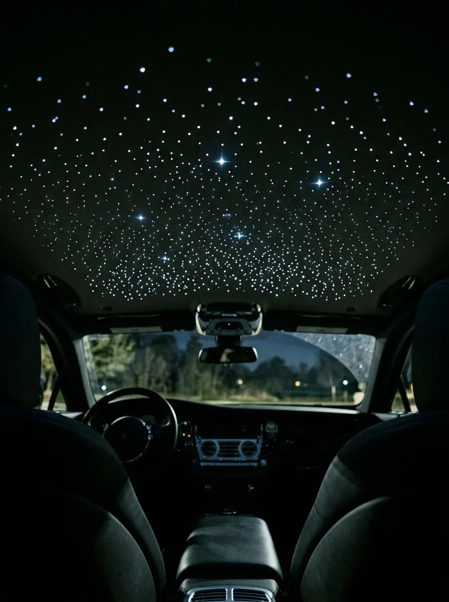 Finished fiber-optic star headliner lit above the front seats at night in Canton, NC