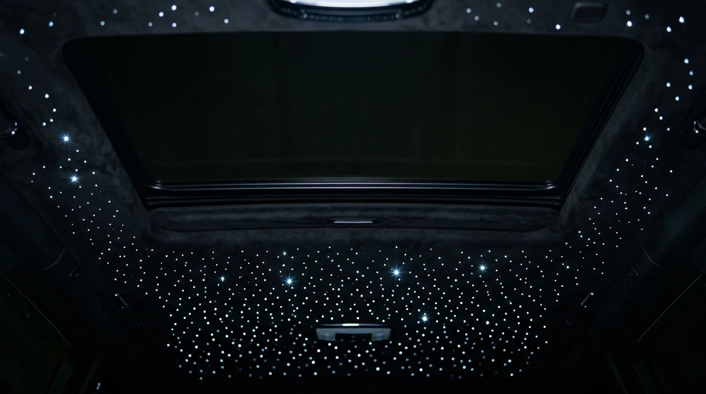 Fiber-optic starlight headliner lit up in a dark car interior in Canton, NC