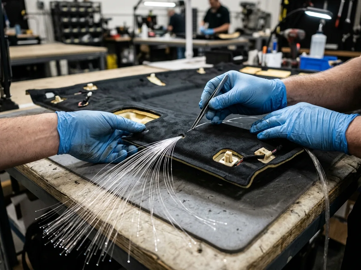 Hundreds of fiber-optic filaments fanned out behind a headliner panel in Canton, NC