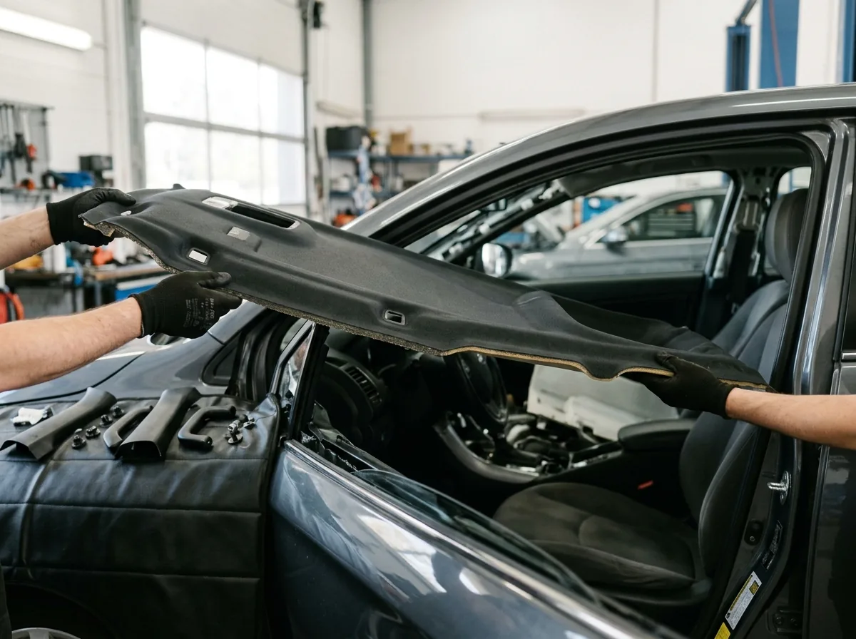 Headliner panel being lowered out of a car interior in Canton, NC