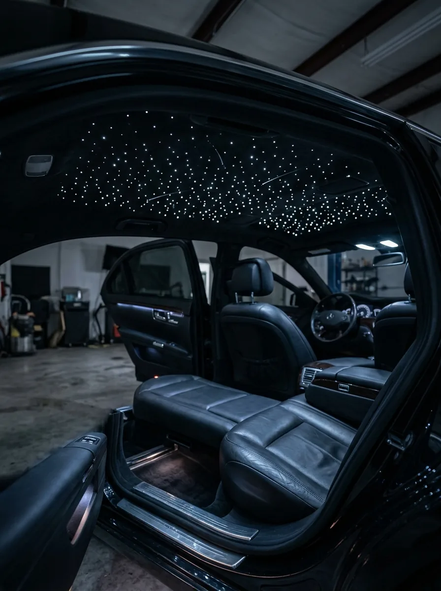 Fiber-optic starlight headliner lit above the rear seats of a black sedan in our Canton, NC shop