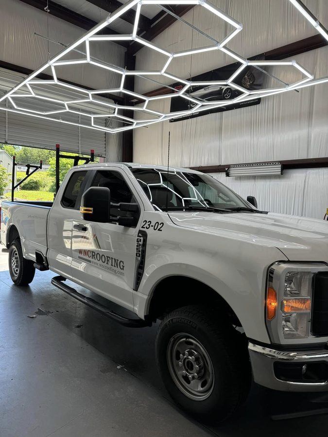 WNC Roofing Ford F-250 after fleet window tinting in Canton, NC