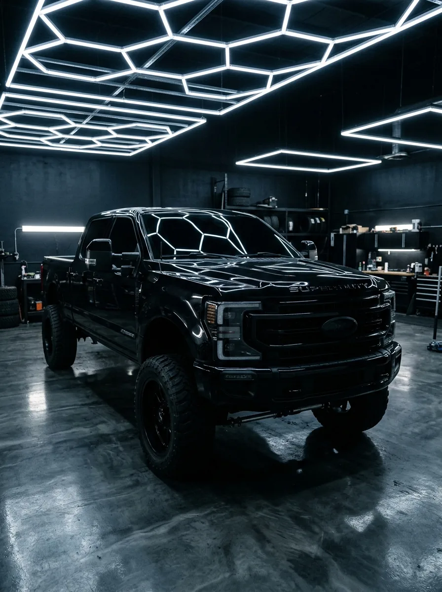 Black truck under the shop lights in Canton, NC after windshield tinting
